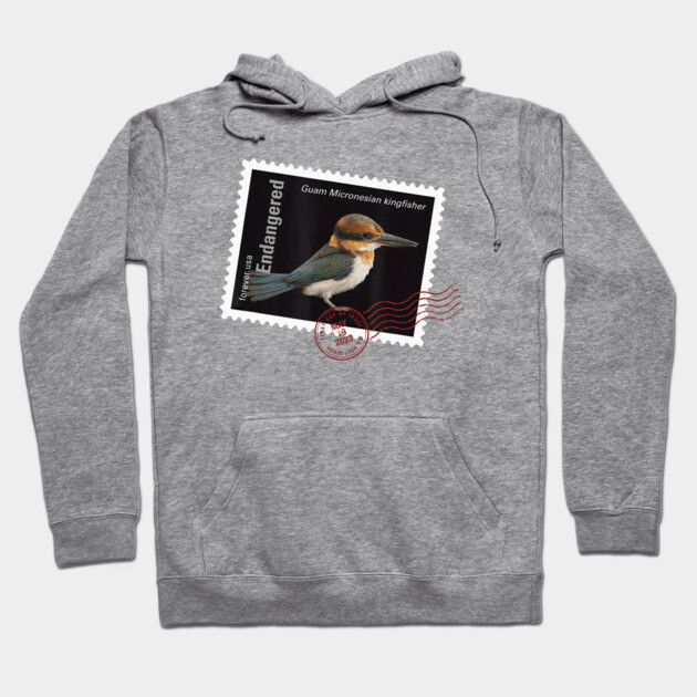 Gray hoodie with Guam Micronesian kingfisher stamp design, casual style, soft fabric, comfortable for daily wear.