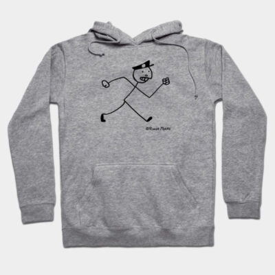 Gray graphic hoodie with cartoon running figure, long sleeves, drawstring hood, cozy cotton blend, casual wear.
