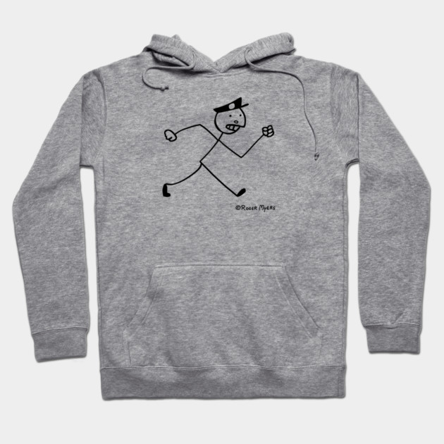 Gray graphic hoodie with cartoon running figure, long sleeves, drawstring hood, cozy cotton blend, casual wear.