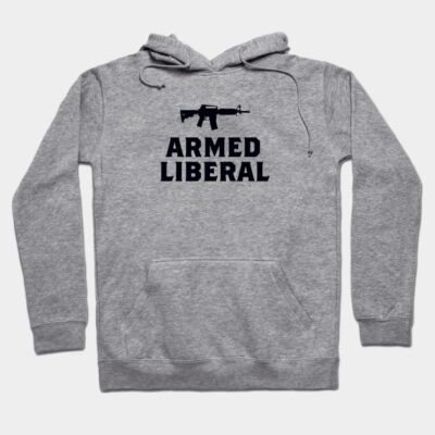 Gray hoodie with "Armed Liberal" text and graphic, cotton blend, casual wear, unisex, warm and comfortable.