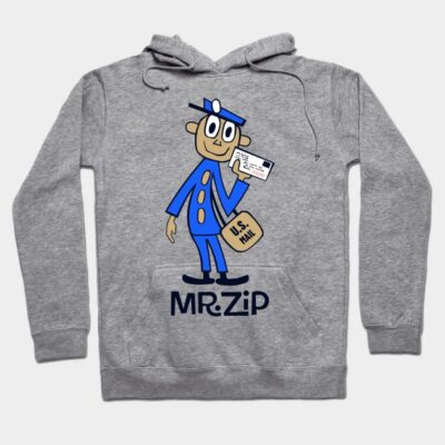 Gray hoodie featuring a cartoon postal worker graphic with "Mr. Zip" text, casual style, cotton blend material.