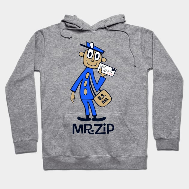 Gray hoodie featuring a cartoon postal worker graphic with "Mr. Zip" text, casual style, cotton blend material.