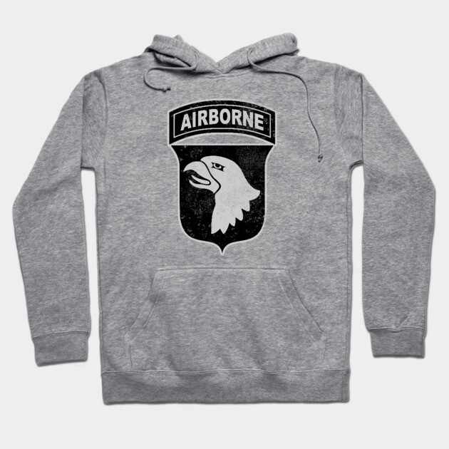 Gray hoodie with "Airborne" logo, eagle design, cozy cotton blend, casual wear, ideal for comfort and style.