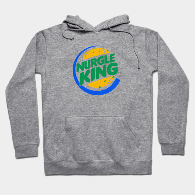 Gray hoodie with "Nurgle King" graphic, featuring a colorful logo design. Perfect for casual wear, soft material.