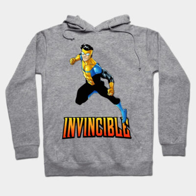 Gray hoodie with superhero graphic and "Invincible" text, casual style, comfortable cotton blend material.