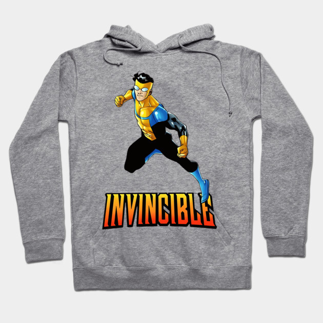 Gray hoodie with superhero graphic and "Invincible" text, casual style, comfortable cotton blend material.