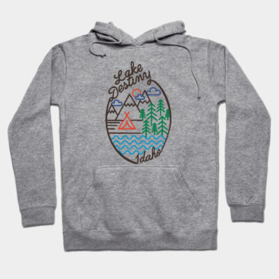 Gray hoodie with colorful Lake Destiny Idaho graphic, featuring mountains, trees, and lake, perfect for casual wear.