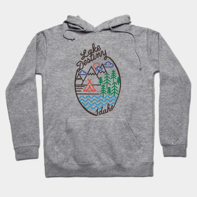 Gray hoodie with colorful Lake Destiny Idaho graphic, featuring mountains, trees, and lake, perfect for casual wear.