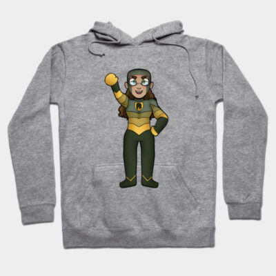 Gray hoodie with cartoon superhero design, featuring green and yellow suit. Comfortable cotton blend for casual wear.