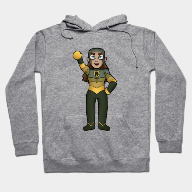 Gray hoodie with cartoon superhero design, featuring green and yellow suit. Comfortable cotton blend for casual wear.