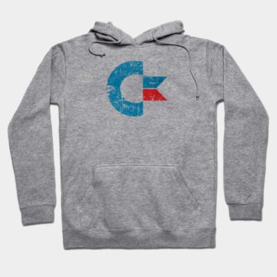 Gray hoodie with retro blue and red logo, front pocket, and drawstrings. Perfect for casual wear and comfort.