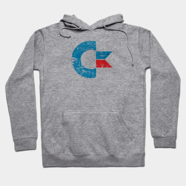 Gray hoodie with retro blue and red logo, front pocket, and drawstrings. Perfect for casual wear and comfort.