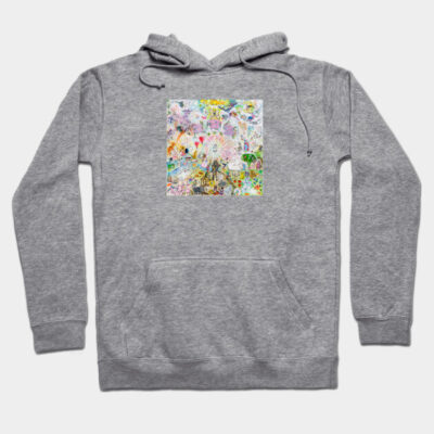 Gray hoodie with colorful abstract art print, cotton blend, casual style for men and women, comfortable and stylish.