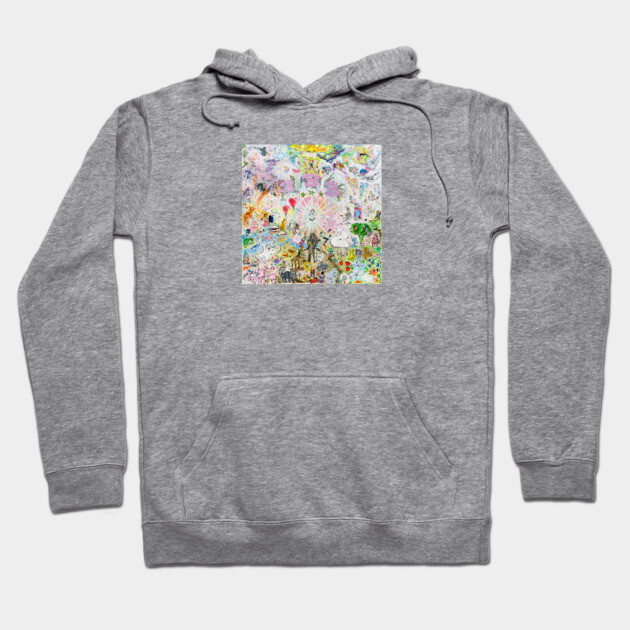 Gray hoodie with colorful abstract art print, cotton blend, casual style for men and women, comfortable and stylish.