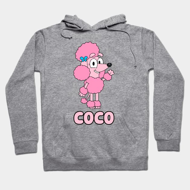 Gray hoodie featuring pink cartoon poodle with text "COCO," ideal for casual wear, made of soft cotton blend.