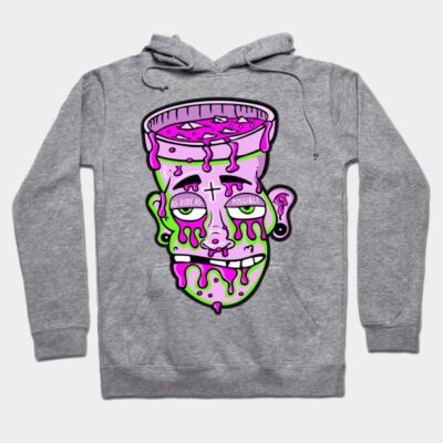 Gray hoodie with bold graphic design featuring vibrant purple and green drips, perfect for casual streetwear style.