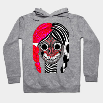 Gray hoodie with colorful abstract face design, featuring red and black details, ideal for casual wear.