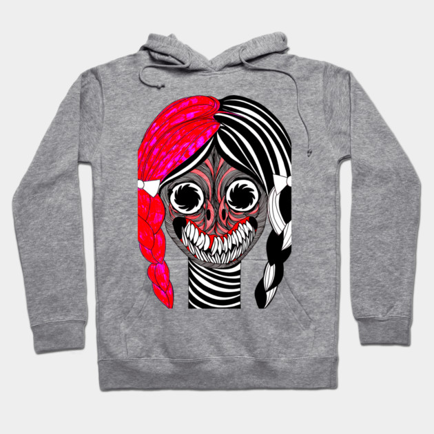 Gray hoodie with colorful abstract face design, featuring red and black details, ideal for casual wear.
