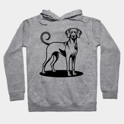 Gray hoodie with black dog graphic, featuring drawstrings and a front pocket, ideal for casual wear.