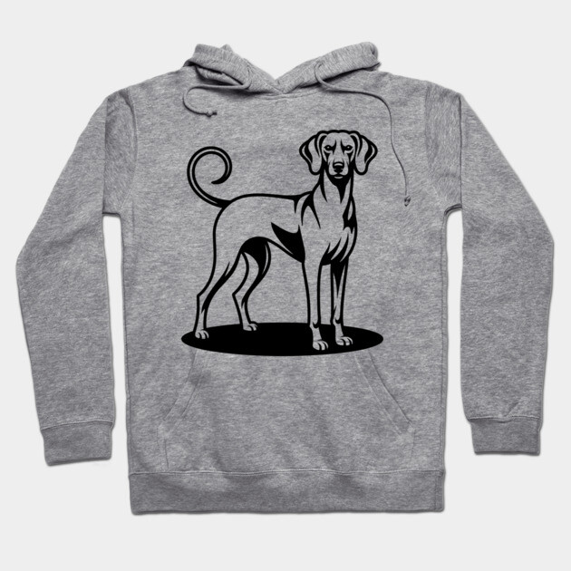 Gray hoodie with black dog graphic, featuring drawstrings and a front pocket, ideal for casual wear.