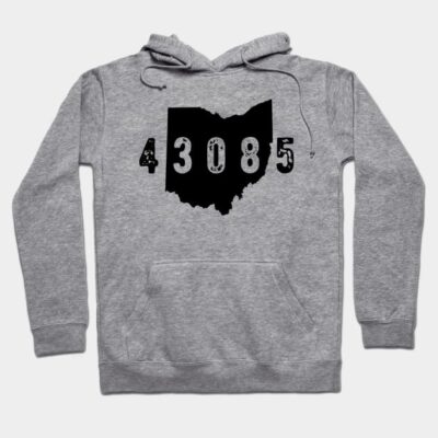 Gray hoodie with black Ohio map and "43085" print, casual style, soft fabric, ideal for everyday wear.