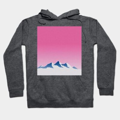 Charcoal gray hoodie with mountain design, pink gradient background, soft cotton blend, casual wear.