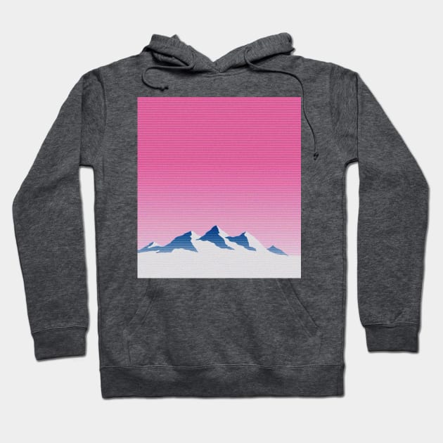 Charcoal gray hoodie with mountain design, pink gradient background, soft cotton blend, casual wear.