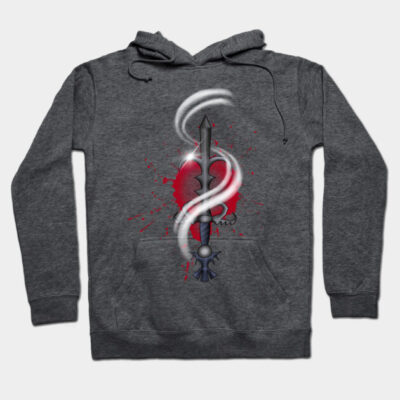 Dark gray hoodie with artistic design, featuring a red heart and abstract pattern, perfect for casual wear and comfort.