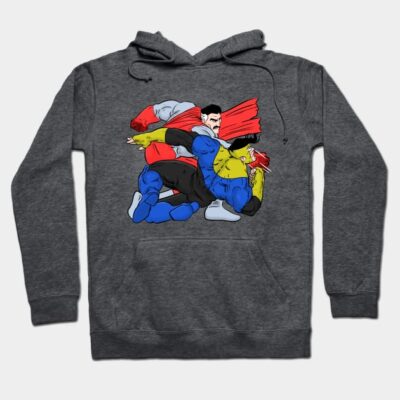 Dark grey hoodie with colorful superhero graphic design, cotton blend, casual style, ideal for cool weather wear.