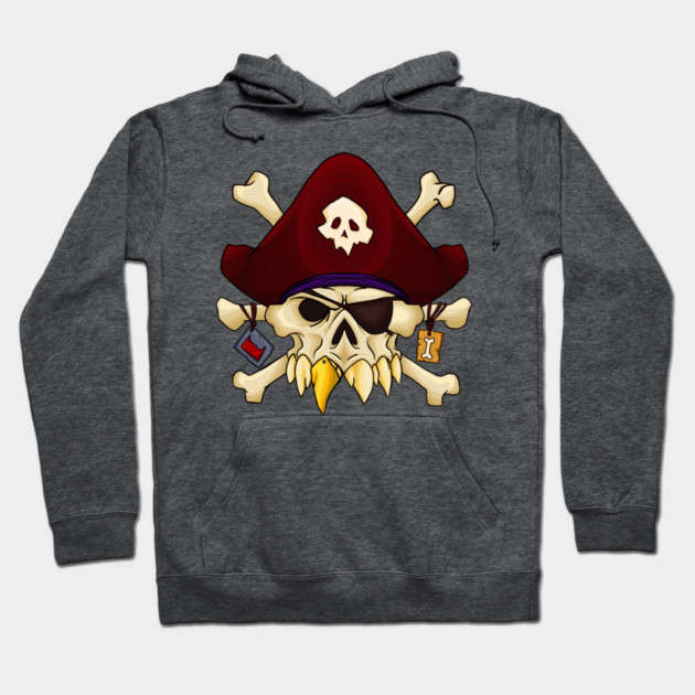 Gray pirate-themed hoodie featuring skull and crossbones design, perfect for casual wear. Soft, comfortable material.