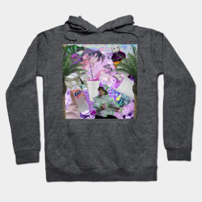 Charcoal gray hoodie with vibrant abstract collage design, featuring purple and green tones, ideal for casual wear.