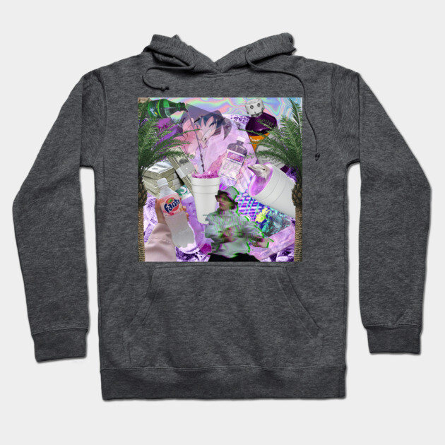 Charcoal gray hoodie with vibrant abstract collage design, featuring purple and green tones, ideal for casual wear.