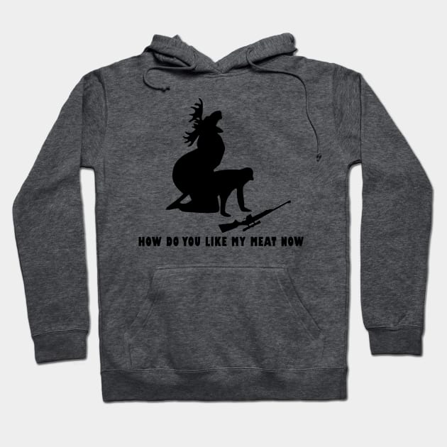 "Dark gray hoodie with humorous text and silhouette graphic, casual wear, cotton blend, unisex style."