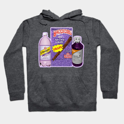 Gray hoodie with colorful graphic print featuring bottles and packaging design. Casual streetwear style.