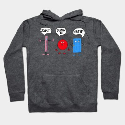 Charcoal gray hoodie with playful cartoon designs and speech bubbles, casual style, great for everyday wear.
