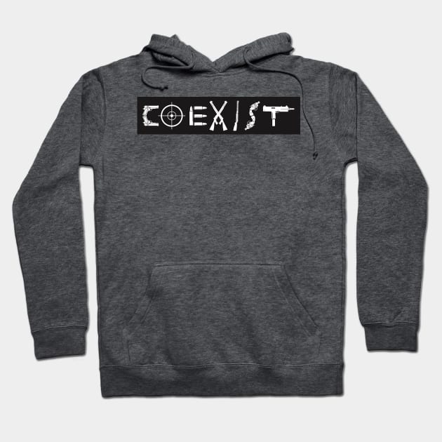 Charcoal gray hoodie with "Coexist" graphic design, cozy cotton blend, casual wear, unisex style, front pocket.