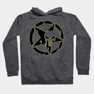 Dark gray hoodie with a bold black and gold skull and star design, cotton blend, casual streetwear style.
