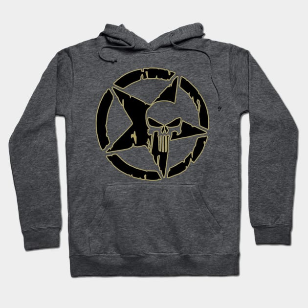 Dark gray hoodie with a bold black and gold skull and star design, cotton blend, casual streetwear style.