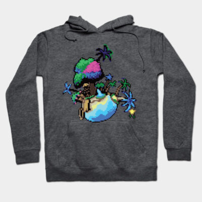 Charcoal gray hoodie with vibrant pixel art design, featuring colorful stars and abstract shapes, perfect for casual wear.