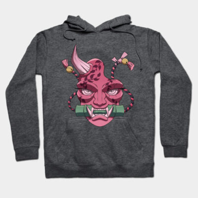 Charcoal gray hoodie with vibrant pink demon graphic, featuring a unique design. Perfect for casual wear and style.