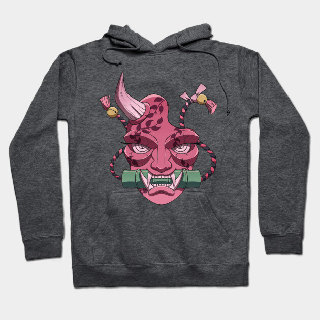 Charcoal gray hoodie with vibrant pink demon graphic, featuring a unique design. Perfect for casual wear and style.
