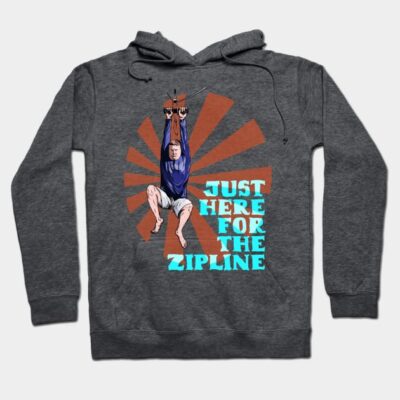 Gray hoodie with ziplining graphic and "Just Here for the Zipline" text, casual style, comfortable cotton blend.