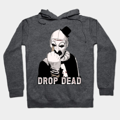 Dark gray hoodie with edgy clown graphic and "Drop Dead" text, perfect for casual wear, made of soft cotton blend.