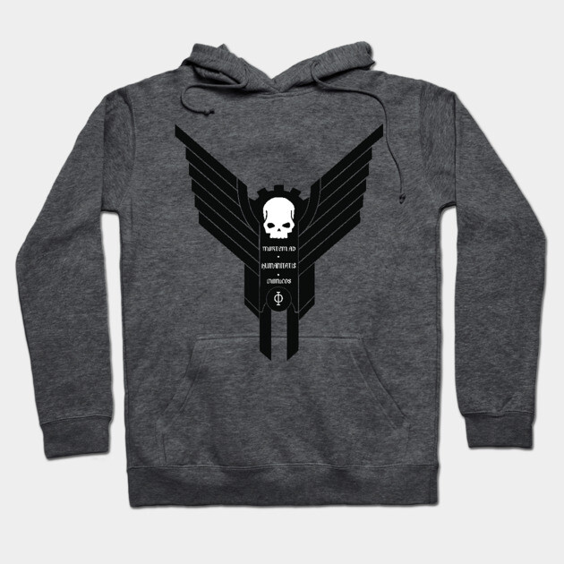 Dark gray hoodie with bold black skull and wings design, featuring front pocket and adjustable drawstrings. Perfect for casual wear.