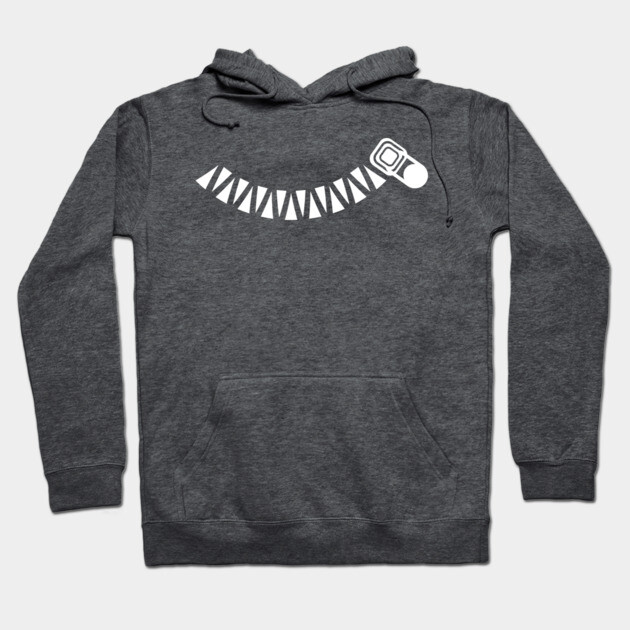 Charcoal gray hoodie with playful zipper graphic, cozy cotton blend, casual wear, unisex style, front pocket.
