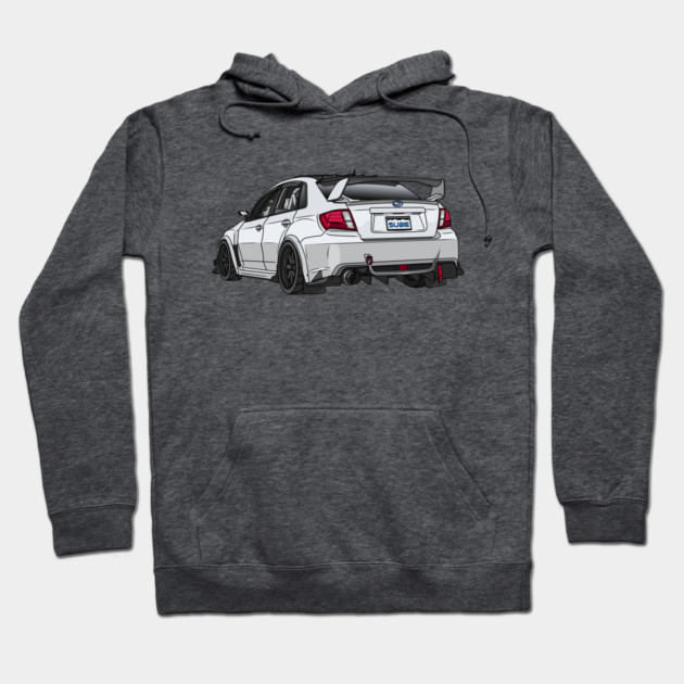 Charcoal gray hoodie with a sporty white car graphic, casual style, perfect for car enthusiasts, cotton blend material.