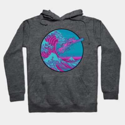 Gray hoodie with vibrant wave design, featuring pink and blue colors. Comfortable casual wear for everyday use.