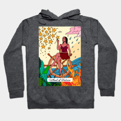 "Charcoal hoodie with colorful Wheel of Fortune tarot card design, cozy cotton blend, casual streetwear style"
