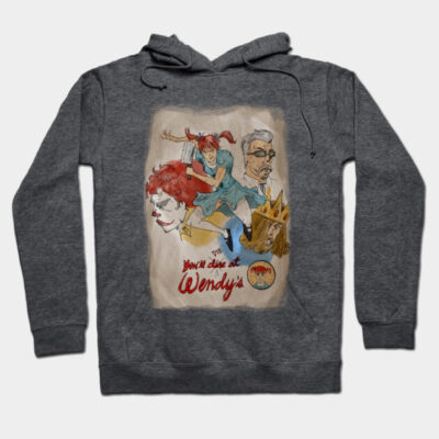 Gray graphic hoodie with artistic fast-food theme, casual style, ideal for everyday wear. Soft cotton blend material.