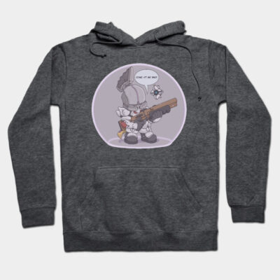 Dark gray hoodie with a knight cartoon design, featuring a playful character holding a weapon. Comfortable cotton blend.